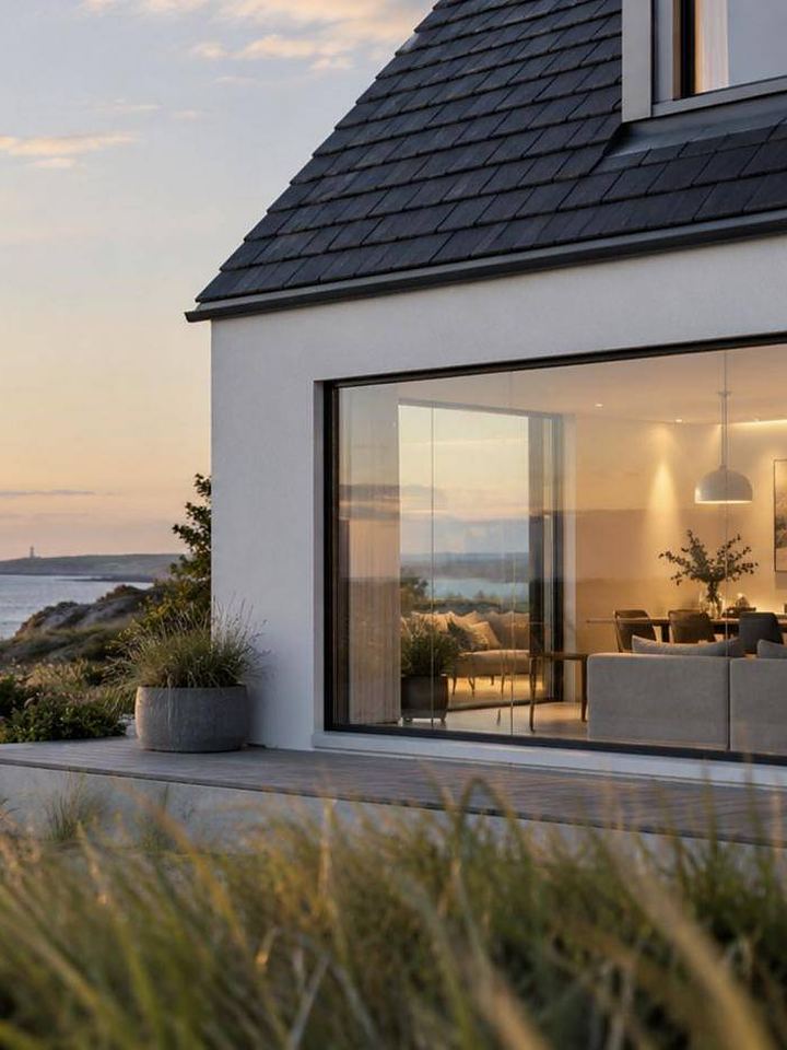 Modernes Haus in den Dünen an der Nordsee im Abendlicht