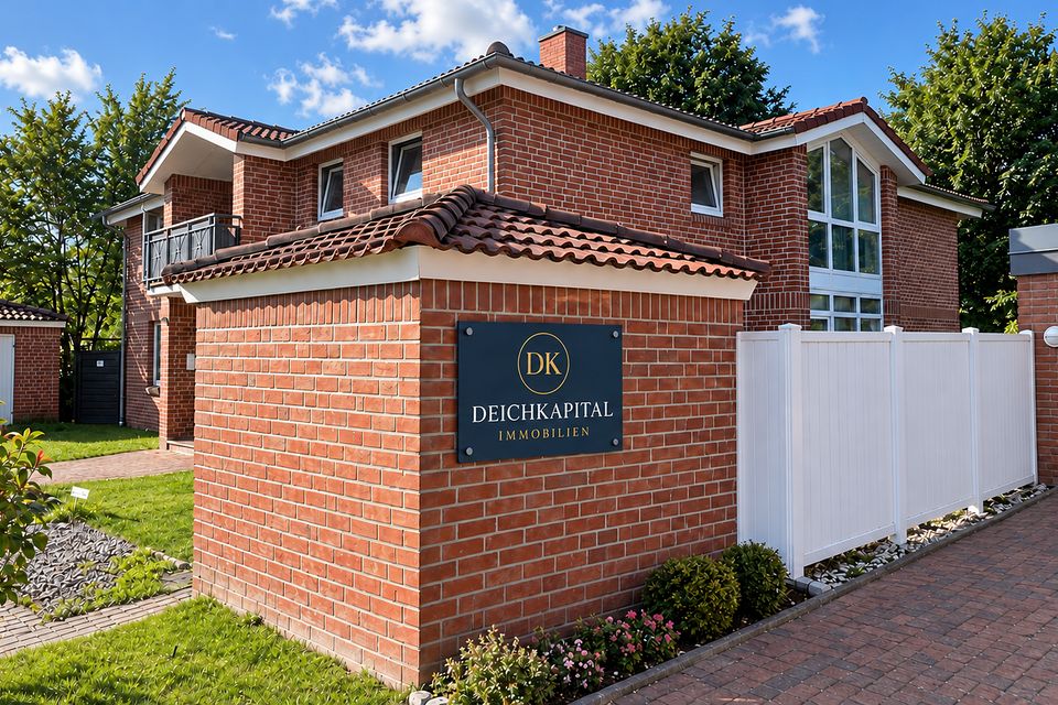 Mehrfamilienhaus in Westoverledingen mit Deichkapital-Schild, KI-bearbeitete Visualisierung