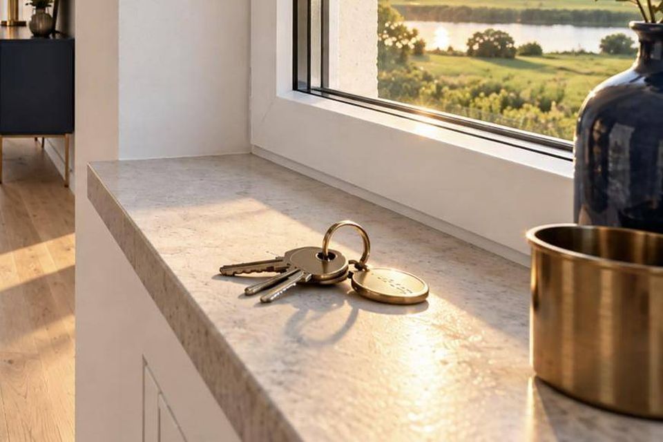 Hausschlüssel auf einer Fensterbank in der Abendsonne