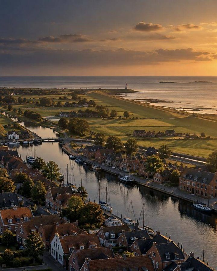 Ostfriesische Kleinstadt mit Hafen im Abendlicht